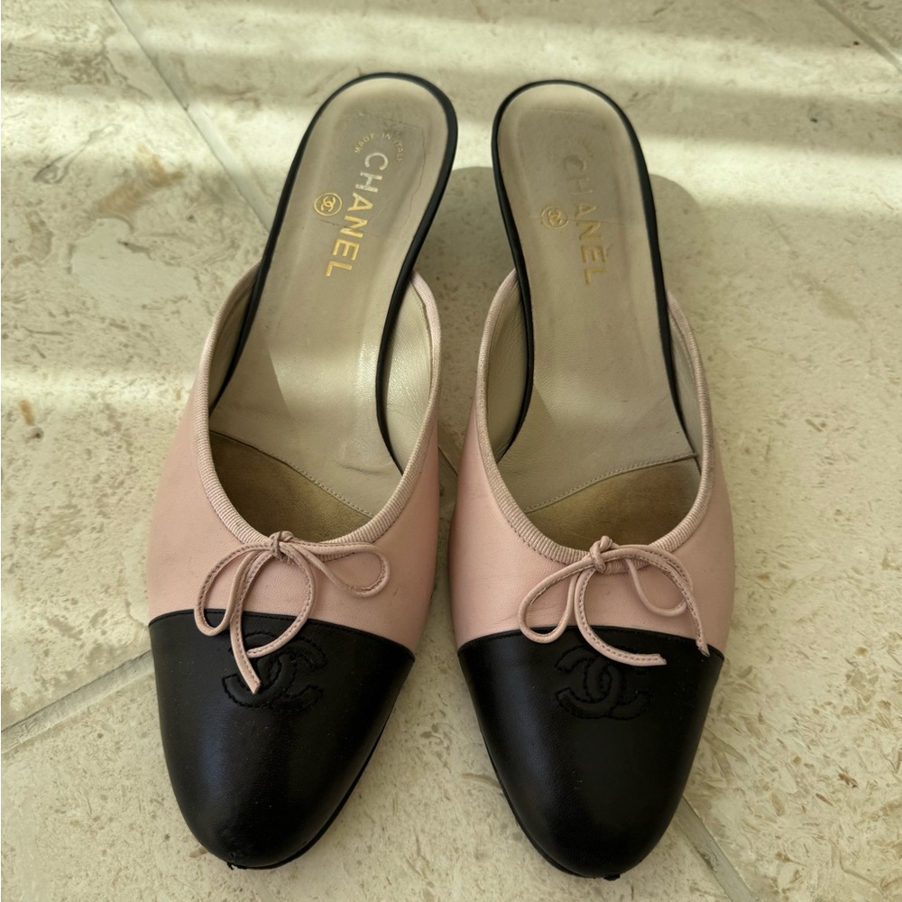 Vintage Chanel Pink and Black Mules